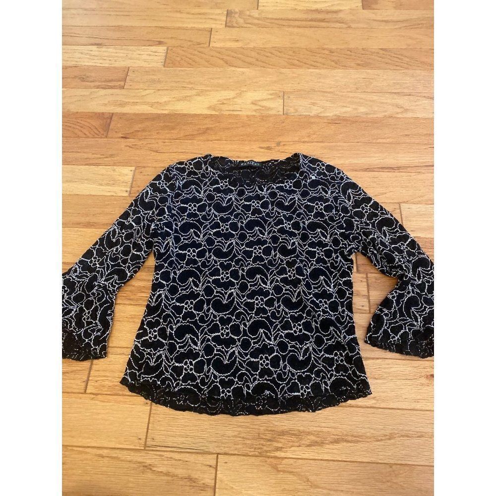 Barisal, women's black/white lace embroidered blouse, bell sleeves size small
